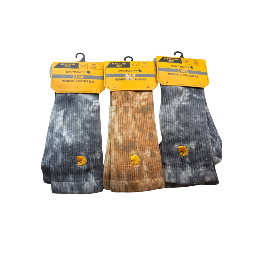 3 pack Carhartt Classic Midweight Tie-Dye Crew Socks Mens XL 12-14.5 Brown/Blue